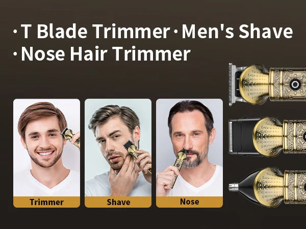 A set of professional rotary hair trimmers and shavers for men's grooming, showing various trimming and shaving applications.