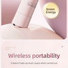 A pink double-headed shaver is shown with a green energy indicator, emphasizing its wireless portability.