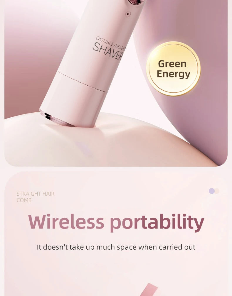 A pink double-headed shaver is shown with a green energy indicator, emphasizing its wireless portability.