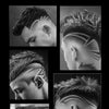 A collage of professional hairstyling techniques showing gradient, sculpture, and whitening hair designs on men's hair.