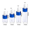 A set of ten glass dropper bottles with blue caps and clear glass bodies, available in various volumes like 1ml to 5ml.