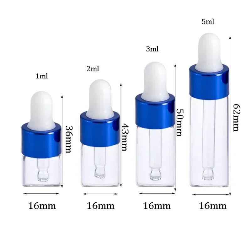 A set of ten glass dropper bottles with blue caps and clear glass bodies, available in various volumes like 1ml to 5ml.