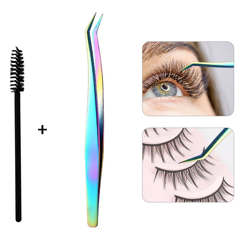 Precision stainless steel eyelash tweezers shown with a single hair and close-up application examples.