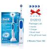 Oral-B D12013 electric toothbrush with handle, charger, and four brush heads displayed in a box.