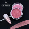 A small jar of pink holographic chrome nail glitter powder with a swatch of the powder on a black background.