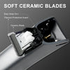 Close-up view of a soft ceramic blade attachment for a versatile body and pubic hair trimmer.