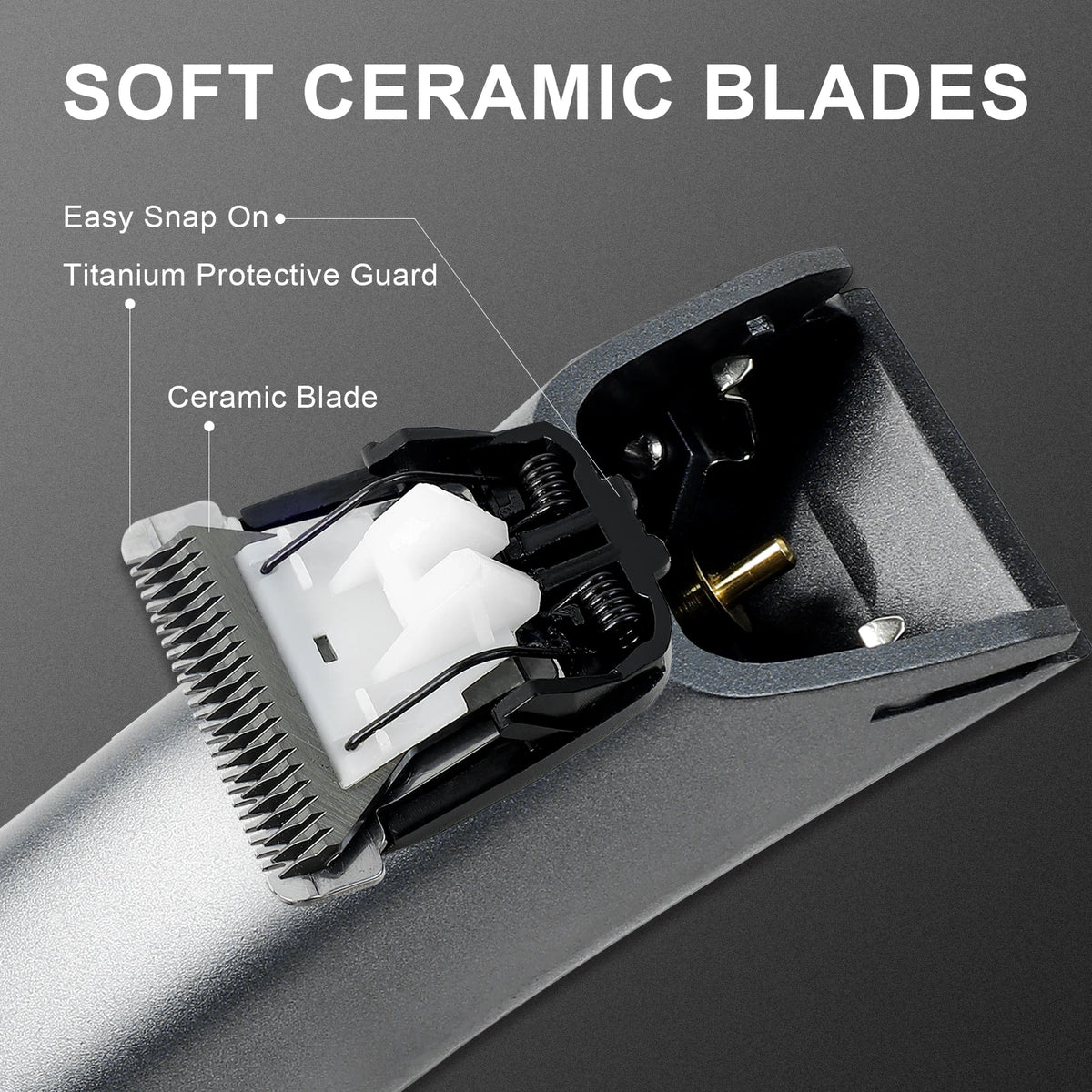Close-up view of a soft ceramic blade attachment for a versatile body and pubic hair trimmer.