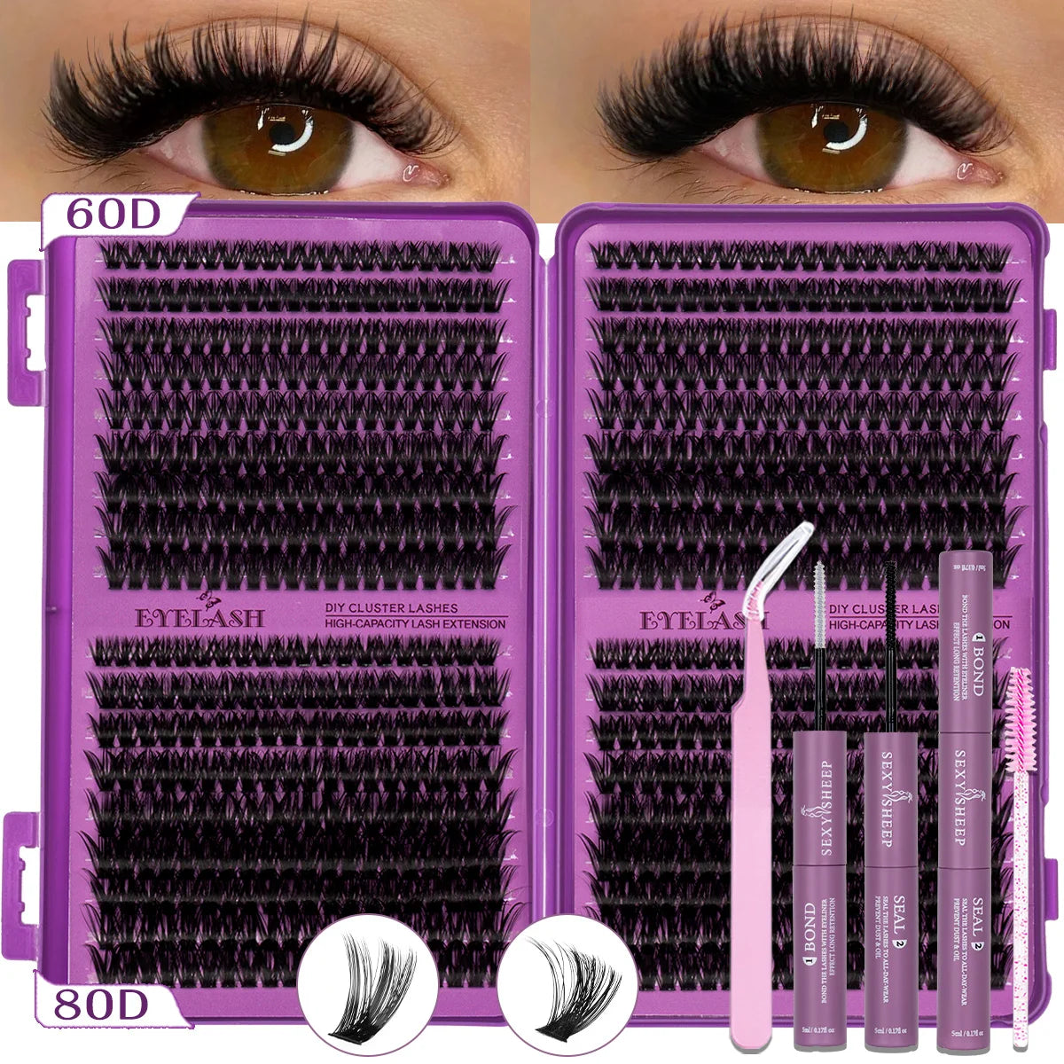 A set of DIY eyelash cluster lashes shown in purple packaging with close-ups of the finished lashes.
