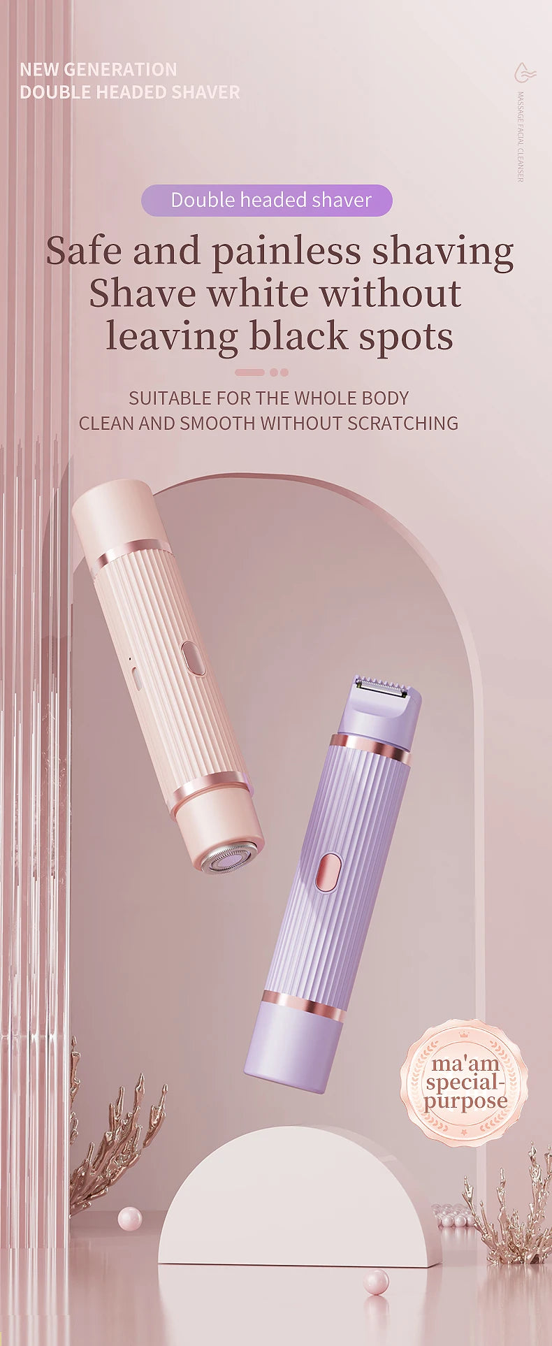 A pink and purple double headed shaver is shown in a vertical angle against a light background.
