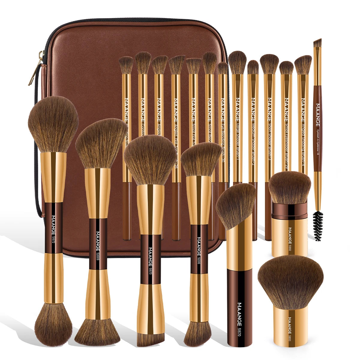 A brown makeup brush set with a gold handle is displayed next to its travel case.