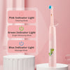 A pink electric toothbrush with indicator lights showing pink, green, and blue modes displayed next to a white stand.