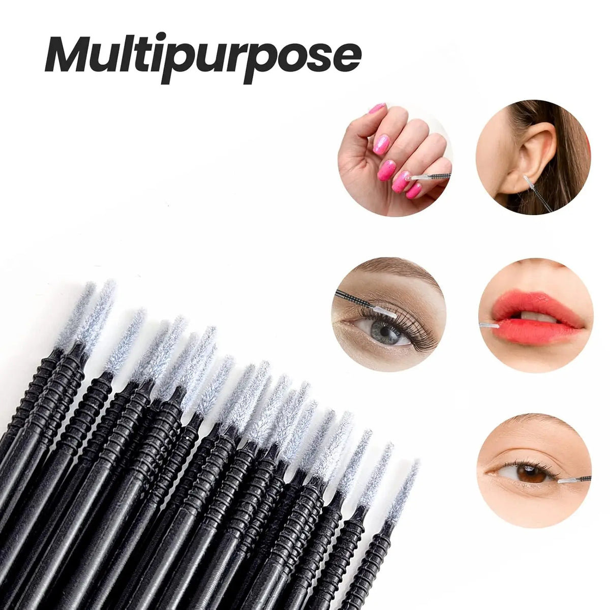 A collection of black and clear bulk eyelash extension cleaning swabs and applicators.