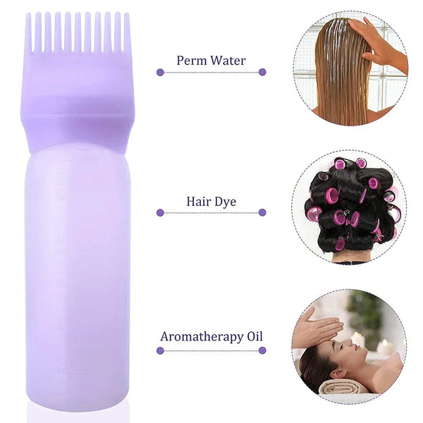 A purple bottle containing hair dye, perm water, and aromatherapy oil with a fine-tooth comb applicator.