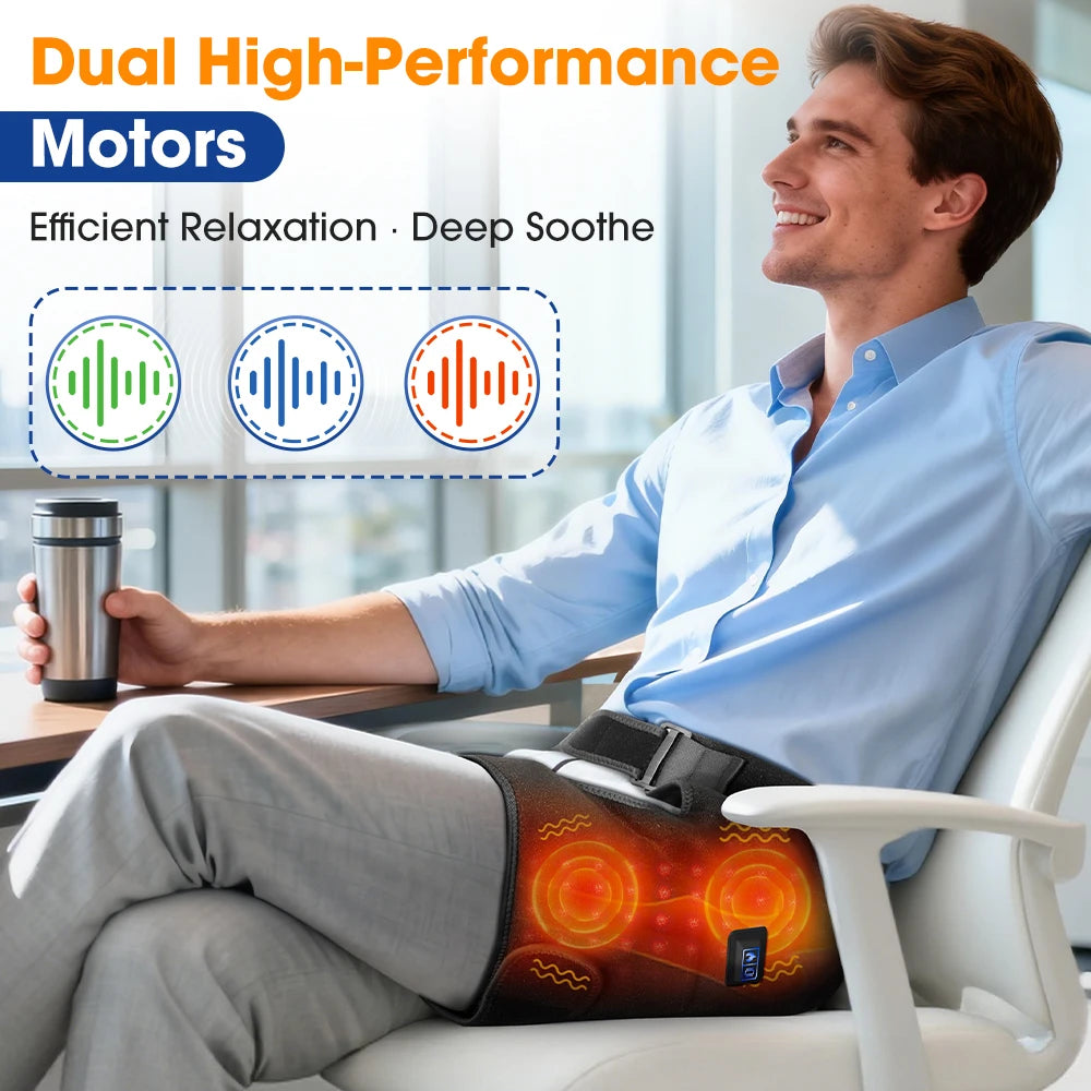 A man is using an infrared heat and vibration hip massager belt on his lower back while sitting in a chair.