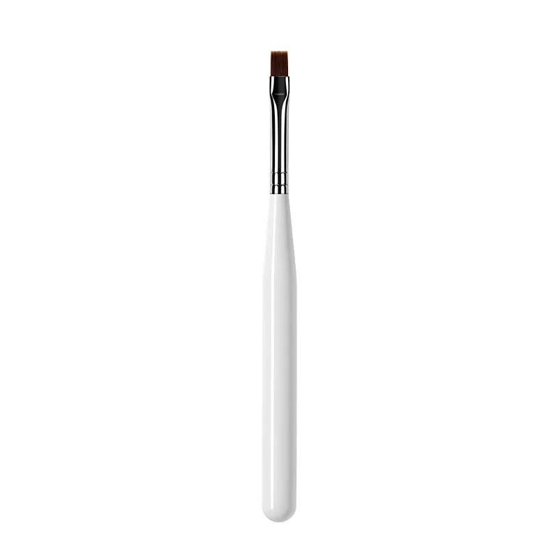 Un seul pinceau à ongles en gel professionnel avec une poignée blanche et une ferule marron, montré verticalement.