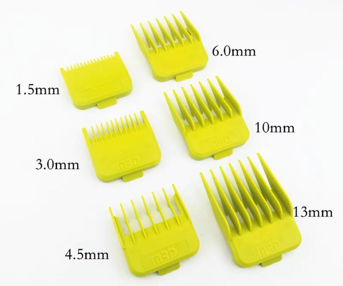 A collection of yellow professional electric hair trimmers with varying comb sizes ranging from 1.5mm to 13mm.