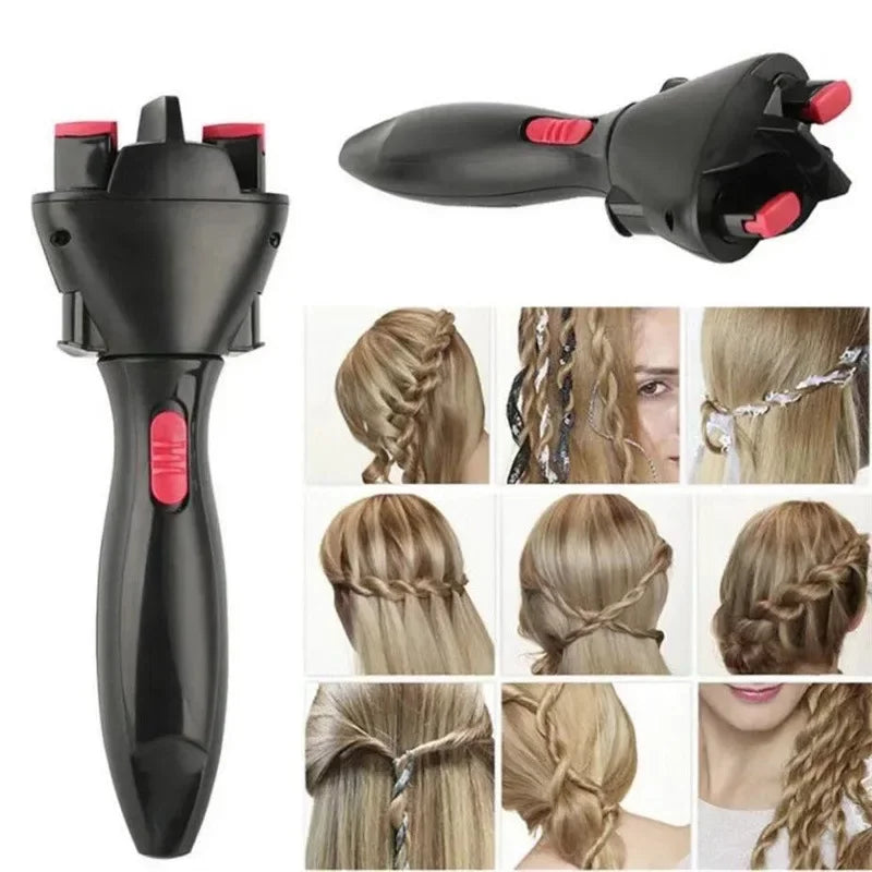 Black electric twist braiding tool shown in various styles and close-ups
