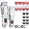 A set of professional cordless hair clipper and trimmer tools with various guard attachments and charging cables.