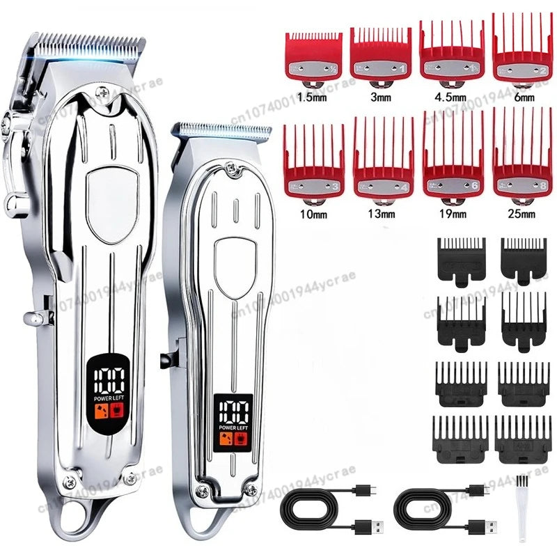 A set of professional cordless hair clipper and trimmer tools with various guard attachments and charging cables.