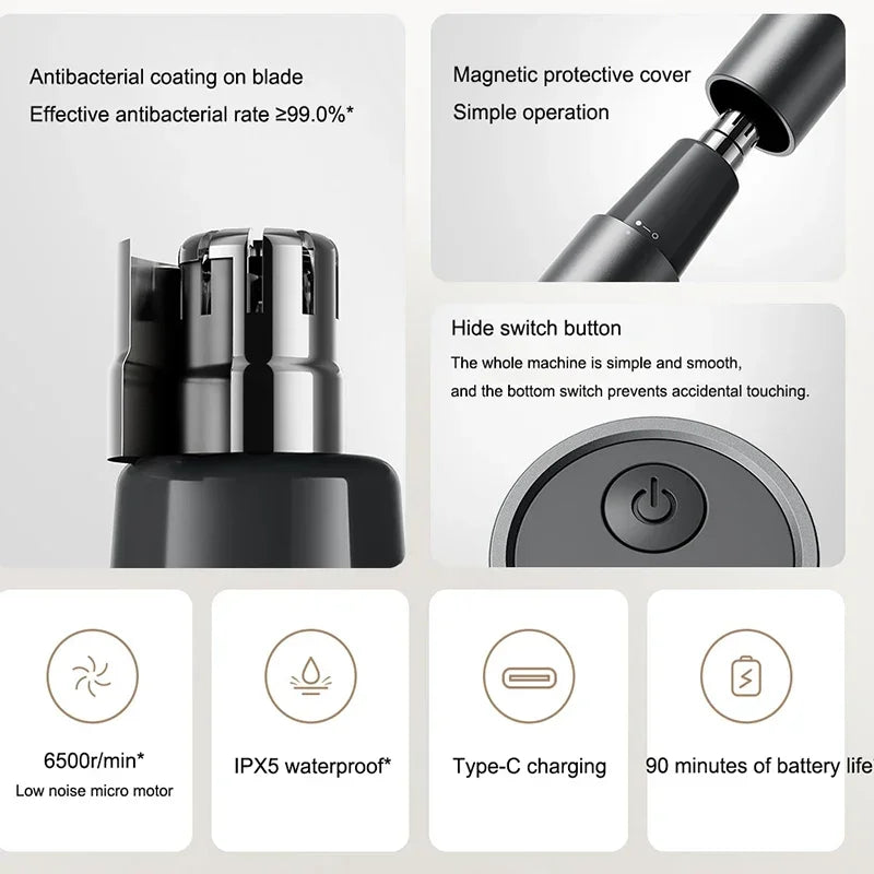 A black electric nose and eyebrow hair trimmer with magnetic protective cover and various features listed.