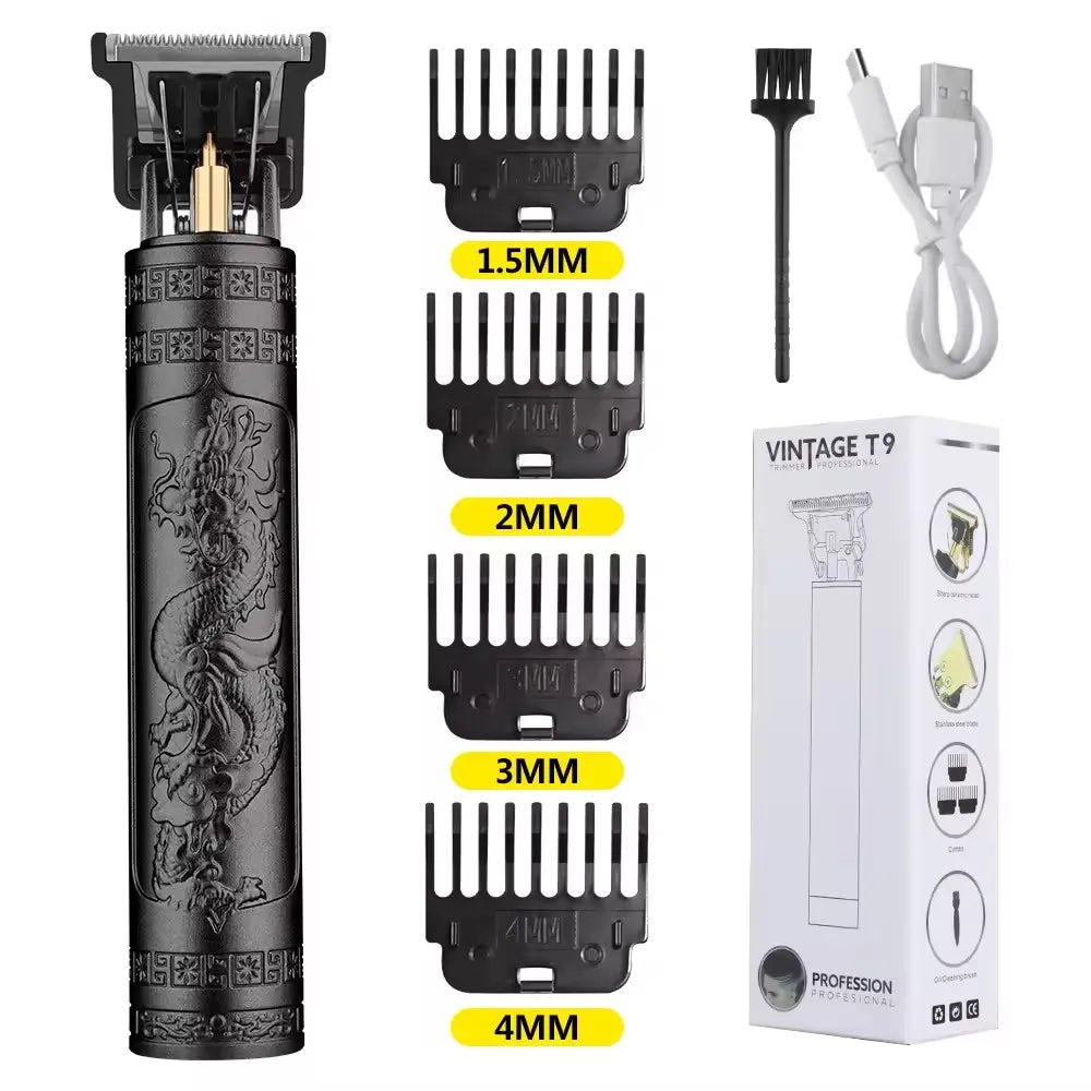 A set of professional rechargeable hair grooming clippers with various blade sizes from 1.5mm to 4mm.