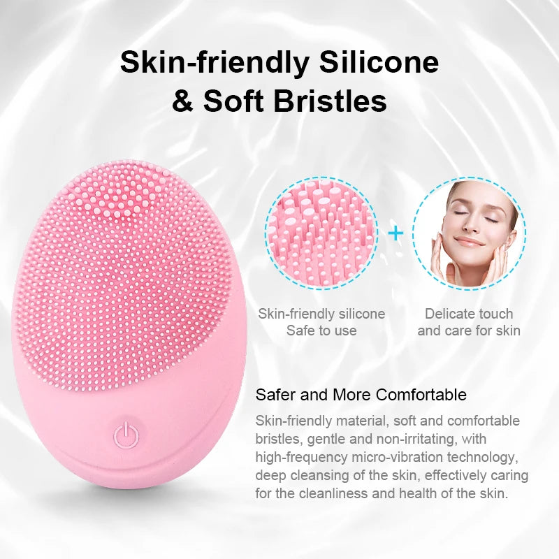 Pink silicone facial cleansing brush with soft bristles shown next to a woman's face.