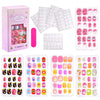 Colección de 120 uñas postizas prensables en varios colores y diseños, empaquetadas en una caja rosa.