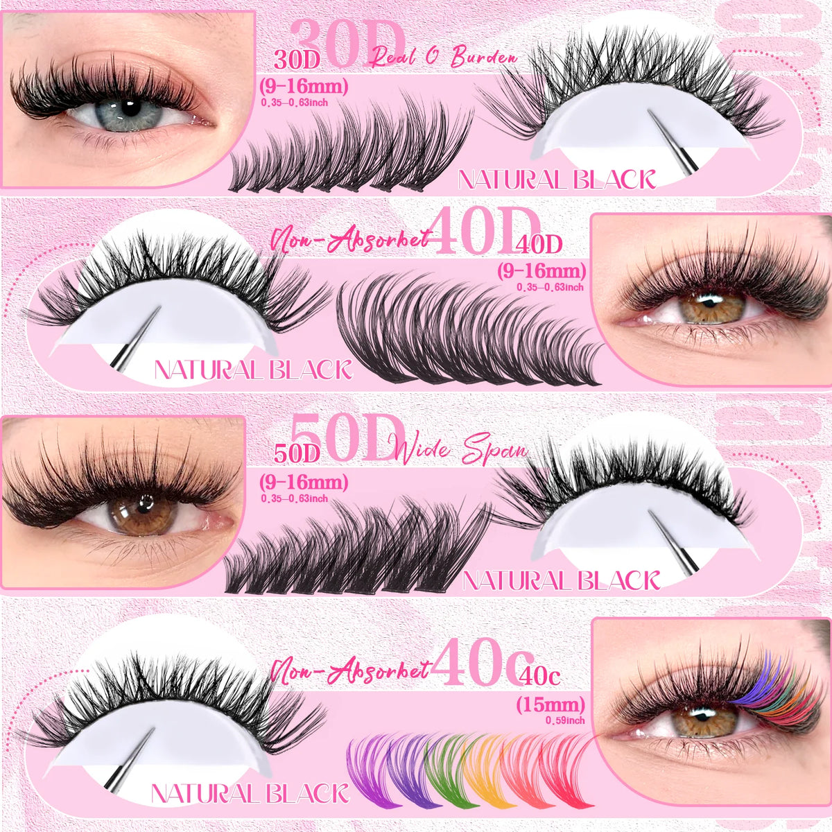 A collection of natural black false eyelashes in various lengths and styles shown on an eye model.