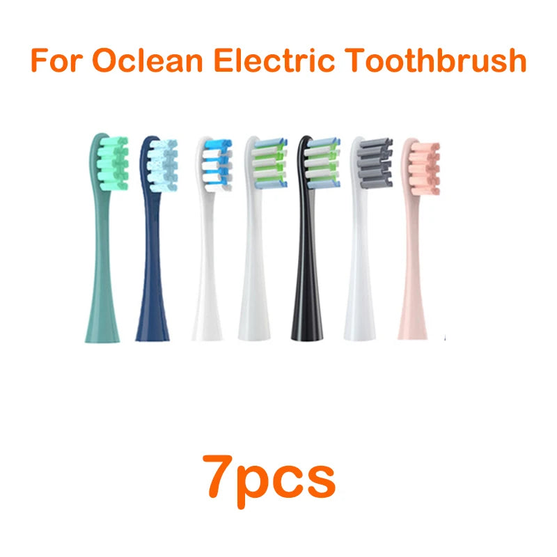 Seven replacement silicone bristles for an electric toothbrush in various colors.