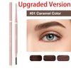 Gros plan d'un crayon à sourcils rose double embouts de couleur caramel avec plusieurs échantillons.