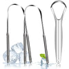 A set of stainless steel tongue scrapers for oral hygiene displayed on a reflective surface.
