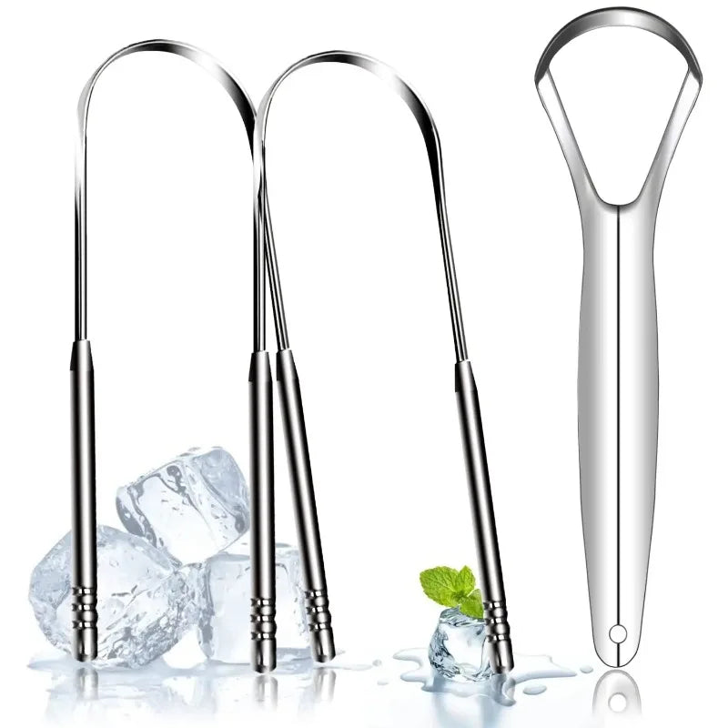 A set of stainless steel tongue scrapers for oral hygiene displayed on a reflective surface.
