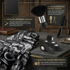 A set of vintage-inspired barber tools including brushes, scissors, and grooming accessories displayed on a dark surface.