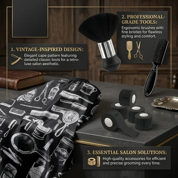 A set of vintage-inspired barber tools including brushes, scissors, and grooming accessories displayed on a dark surface.