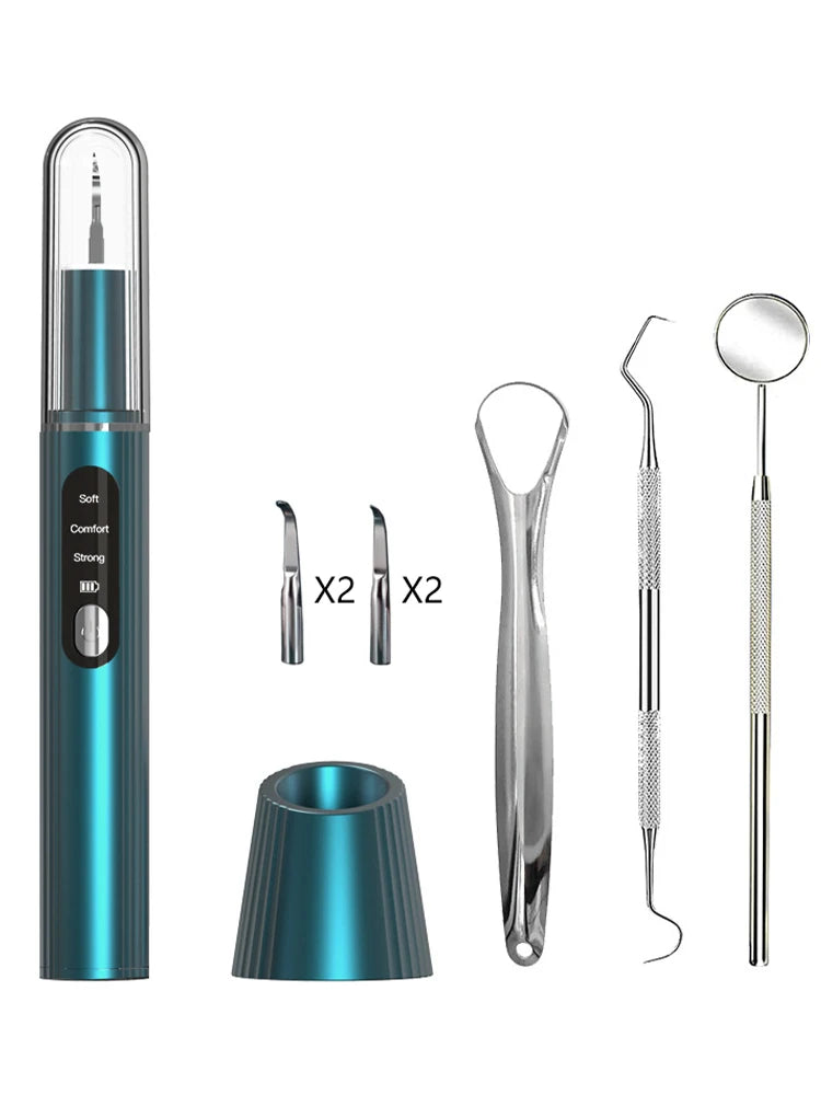 A set of professional ultrasonic dental tooth cleaners including a main body, various tips, and a scaler tool.