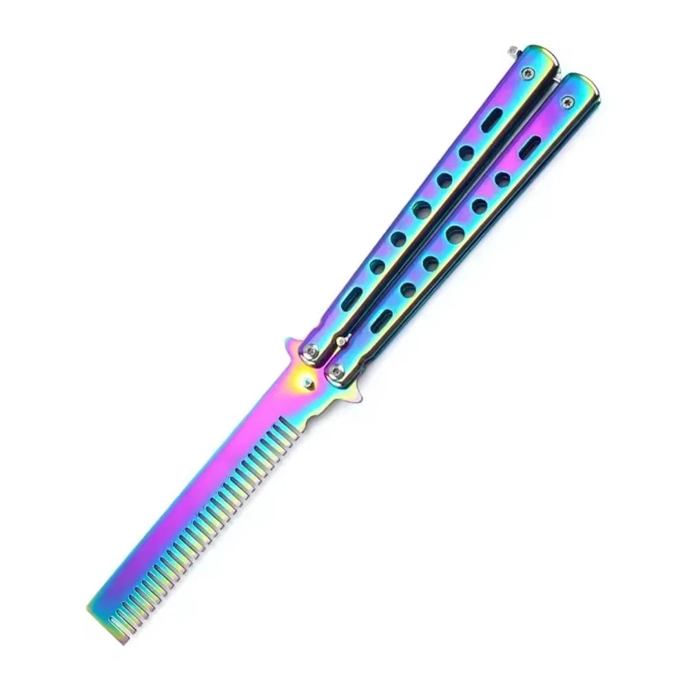 Peigne papillon pliable en acier inoxydable avec des couleurs bleu iridescent et rose.