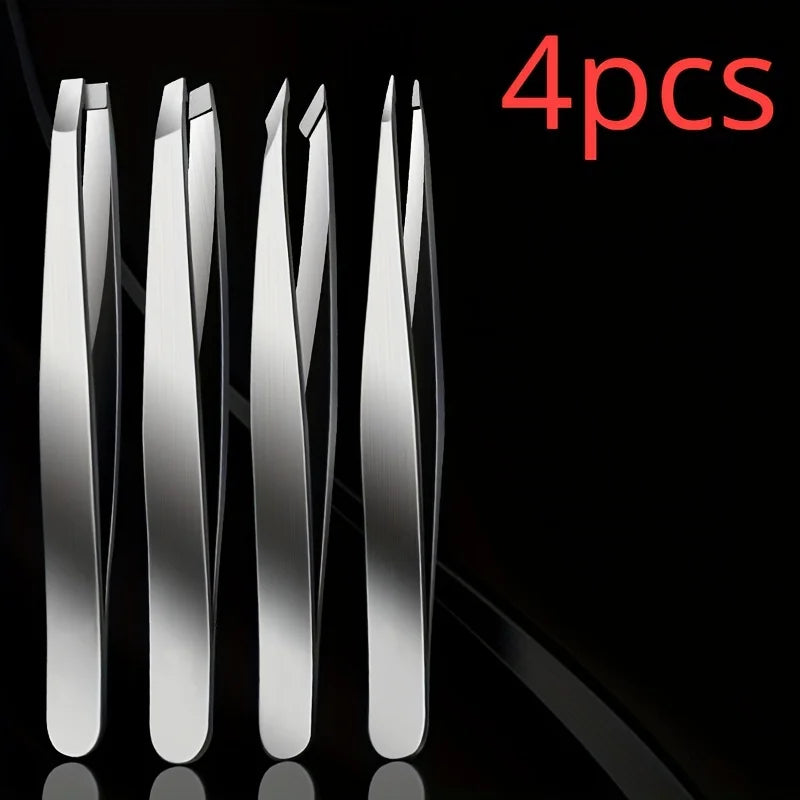 Precision Stainless Steel Eyebrow Tweezers Set (4 Pcs)