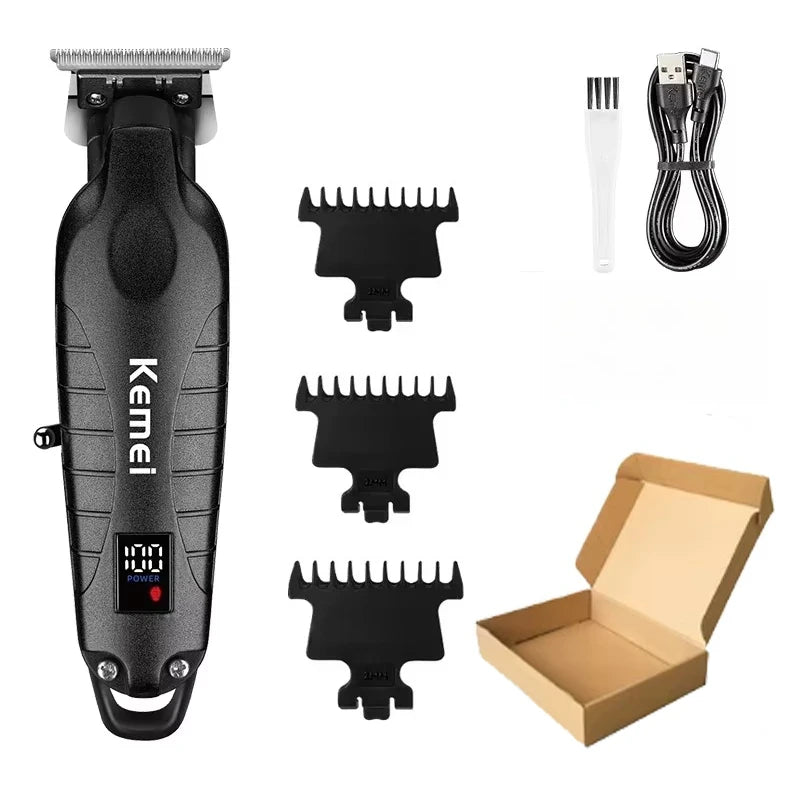 A black professional cordless hair trimmer with various attachments and a box is shown.