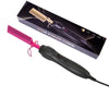 A black hair press comb with a pink handle is shown next to its packaging.