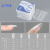A set of 100 matte finish false gel nail tips is shown in a clear container and individual tips on a finger for various lengt