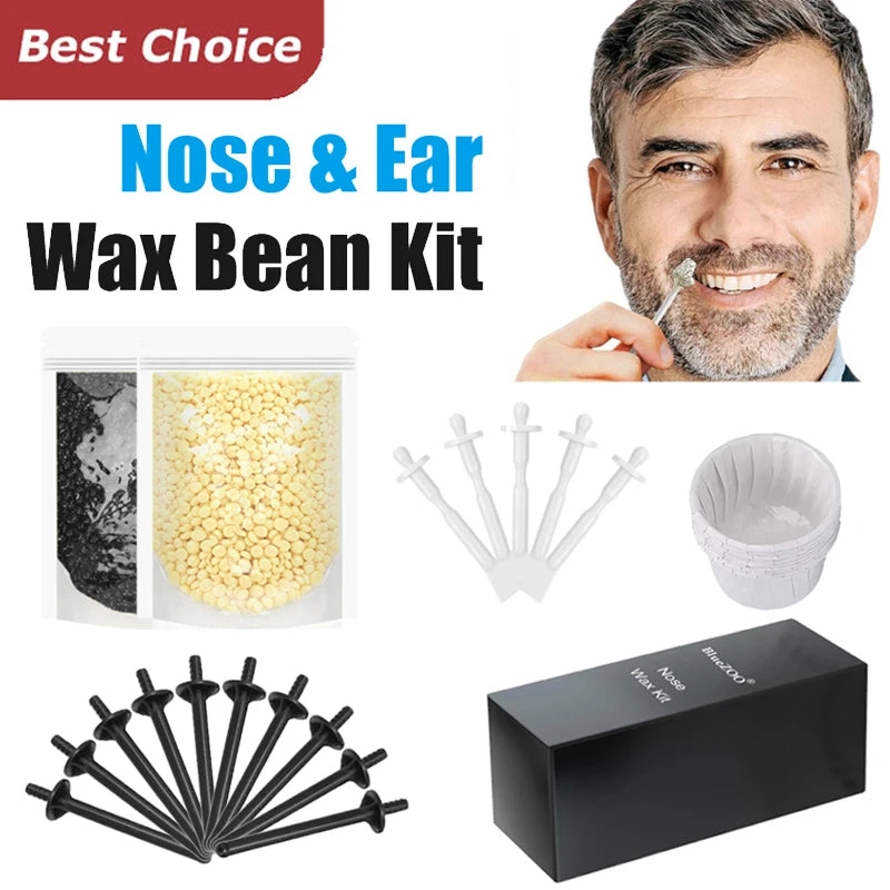 A kit for nose and ear wax removal featuring a large container of wax and multiple applicators.