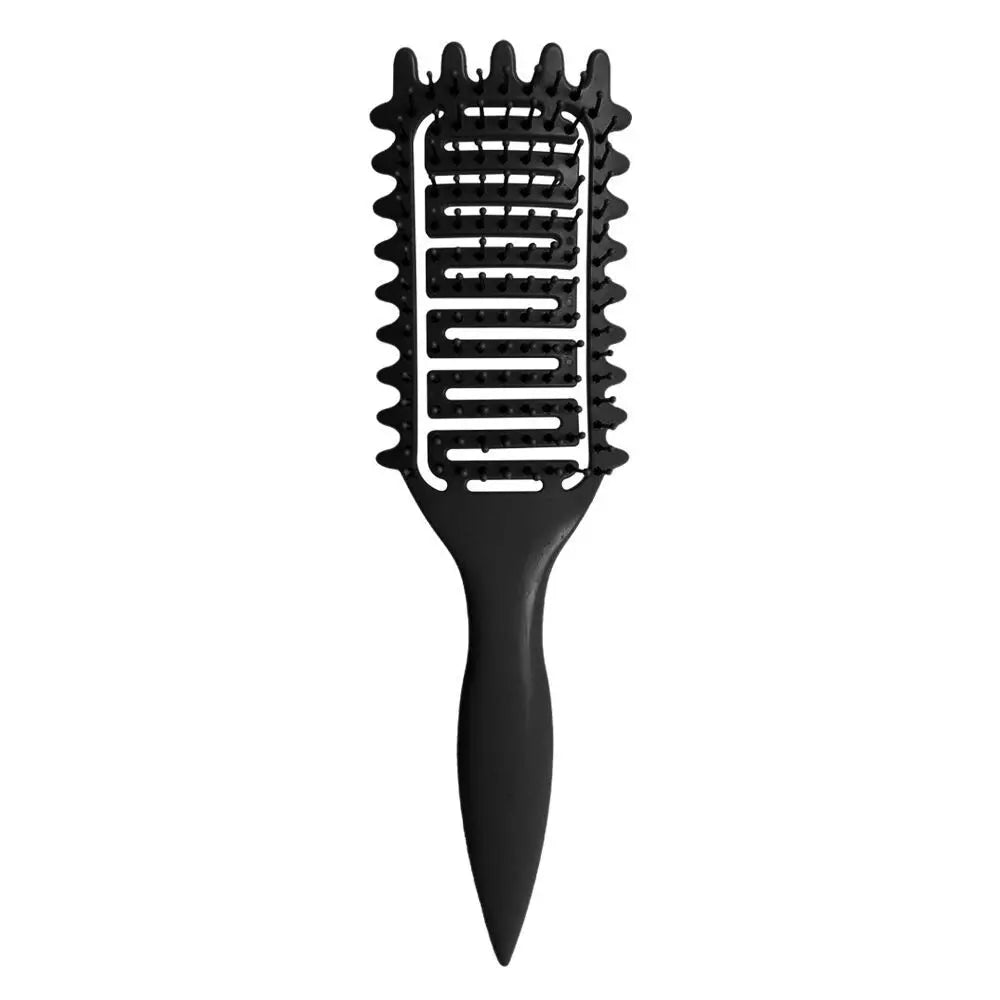 A black professional curl define styling brush with fine teeth.