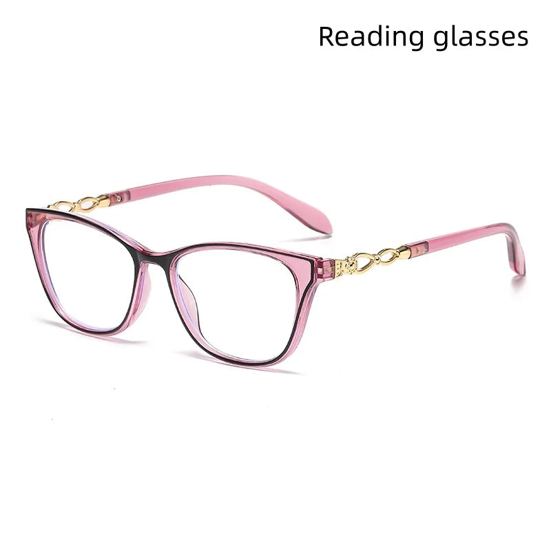 Lunettes à œil de chat roses avec accents dorés sur fond blanc.