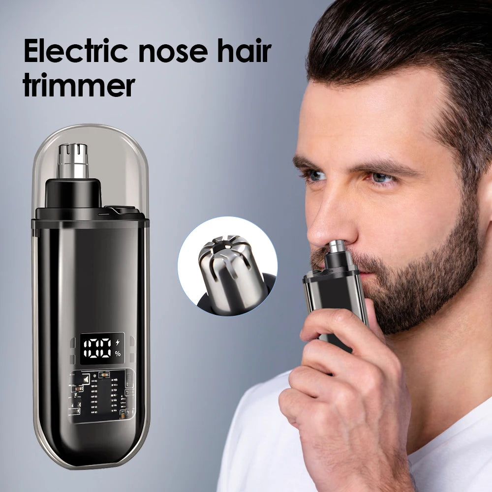 A man is using a portable electric nose hair trimmer, showing the device and its function.
