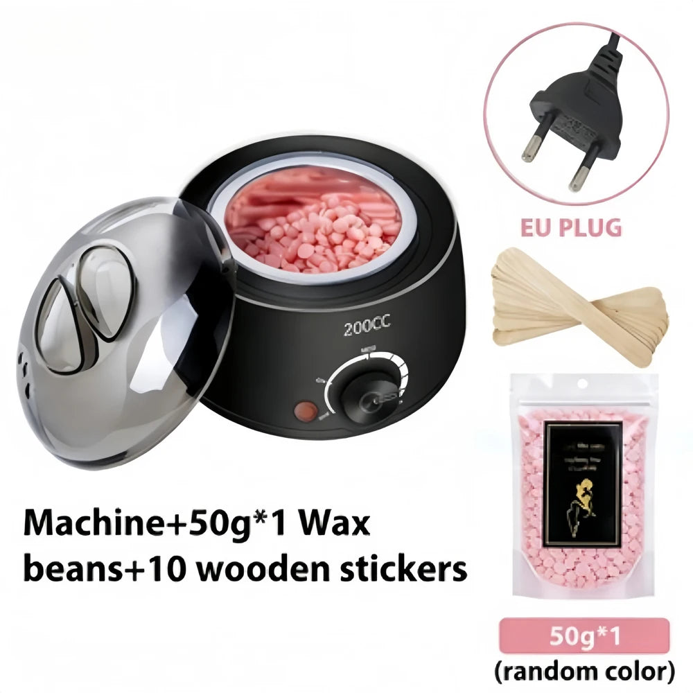 Schwarze Wachsheizmaschine mit Glaskammer, EU-Stecker, Wachsbohnen und Holzstickern.