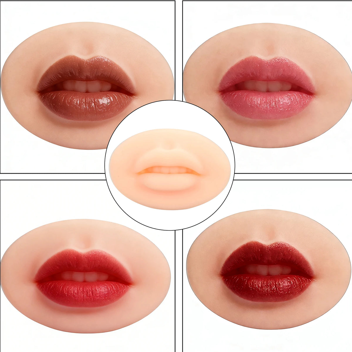 Close-up view of reusable silicone practice skin for tattoo art showing various shades of lip color.