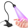 A hand holds a clip-on UV LED nail lamp with a flexible gooseneck illuminating a fingernail.
