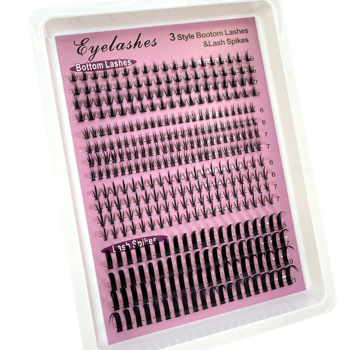 A cosmetic product display showing various styles of bottom lashes and lash spikes for DIY lash extensions.