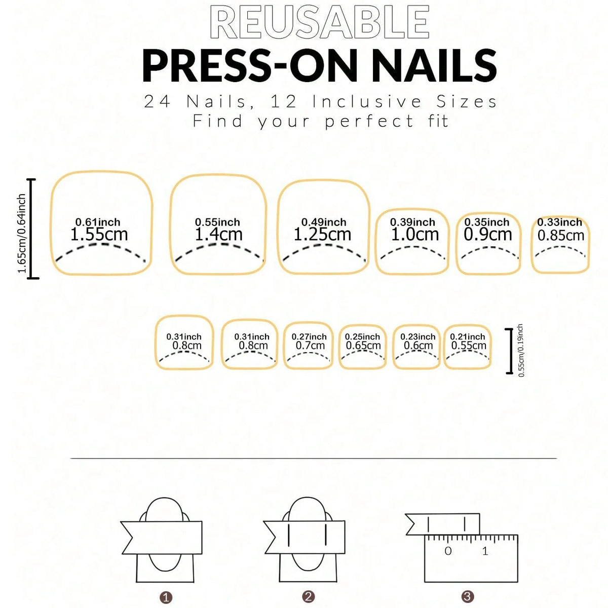 A set of reusable press-on acrylic false nails showing various sizes and thicknesses.