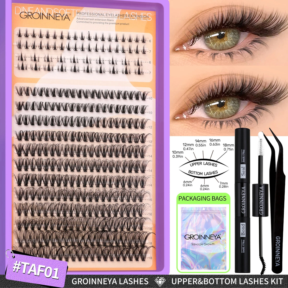 DIY Groinneya lashes kit including bond and tweezers for upper and bottom lash extensions